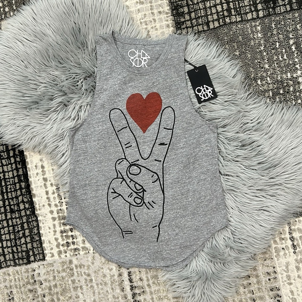 Chaser Women's Heathered Gray Love Peace Hand Gesture Tank‎ Top Size S NWT